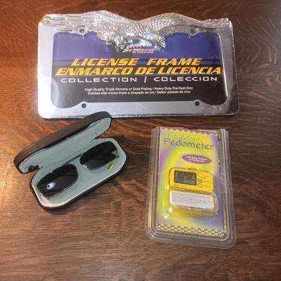 METAL EAGLE LICENSE PLATE FRAME, POLAR OPTIC CLIP ON SUNGLASSES