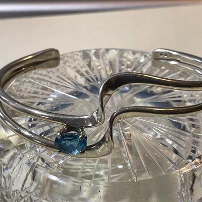 Vintage Sterling Silver Blue Stone Standard Size Cuff Bracelet in Good Preowned Condition.