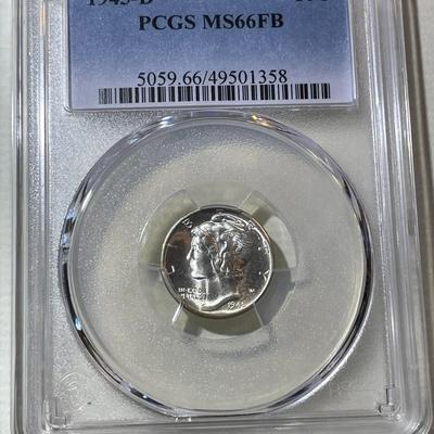 PCGS CERTIFIED 1945-D MS66 FULL BANDS WHITE MERCURY SILVER DIME AS PICTURED.