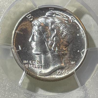 PCGS CERTIFIED 1945-D MS66 FULL BANDS WHITE MERCURY SILVER DIME AS PICTURED.
