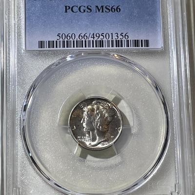 PCGS CERTIFIED 1945-S MS66 SUPERB TONED MERCURY SILVER DIME AS PICTURED.