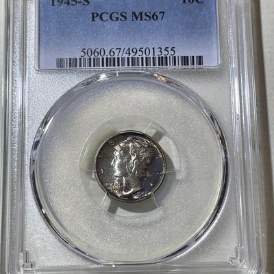 PCGS CERTIFIED 1945-S MS67 SUPERB TONED MERCURY SILVER DIME AS PICTURED.