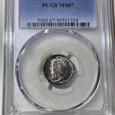 PCGS CERTIFIED 1945-S MS67 SUPERB TONED MERCURY SILVER DIME AS PICTURED.