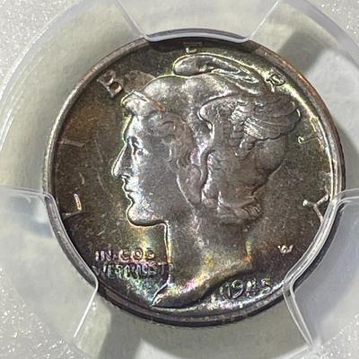PCGS CERTIFIED 1945-S MS67 SUPERB TONED MERCURY SILVER DIME AS PICTURED.