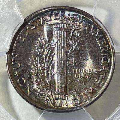 PCGS CERTIFIED 1945-S MS67 SUPERB TONED MERCURY SILVER DIME AS PICTURED.