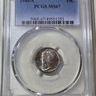 PCGS CERTIFIED 1945-S MS67 SUPERB TONED MERCURY SILVER DIME AS PICTURED.