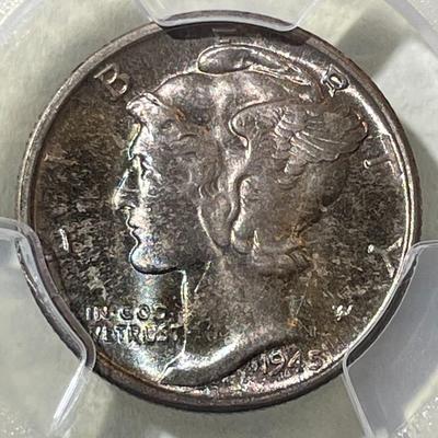 PCGS CERTIFIED 1945-S MS67 SUPERB TONED MERCURY SILVER DIME AS PICTURED.