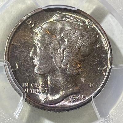 PCGS CERTIFIED 1945-S MS67 SUPERB TONED MERCURY SILVER DIME AS PICTURED.