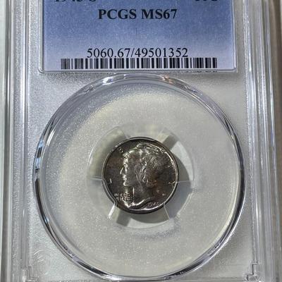 PCGS CERTIFIED 1945-S MS67 SUPERB TONED MERCURY SILVER DIME AS PICTURED.