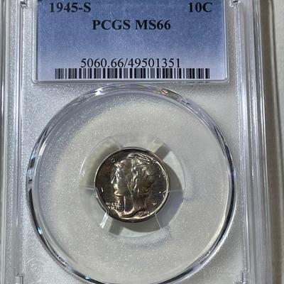 PCGS CERTIFIED 1945-S MS66 SUPERB TONED MERCURY SILVER DIME AS PICTURED.