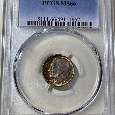PCGS CERTIFIED 1955-S MS66 SUPERB TONED ROOSEVELT SILVER DIME AS PICTURED.