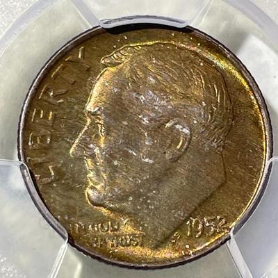PCGS CERTIFIED 1952-D MS66 FULL BANDS SUPERB TONED ROOSEVELT SILVER DIME AS PICTURED.