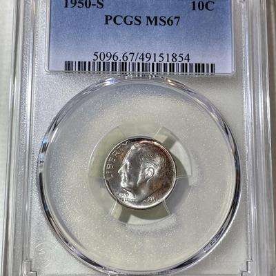 PCGS CERTIFIED 1950-S MS67 SUPERB TONED ROOSEVELT SILVER DIME AS PICTURED.