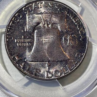 PCGS CERTIFIED 1957-P MS65 SUPERB TONED FRANKLIN SILVER HALF DOLLAR AS PICTURED.