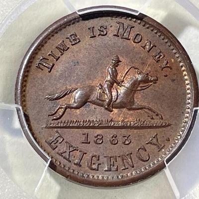 PCGS Certified Scarce 1863 Token F-630AK-1a, Hussey's NY Token, MS62 Brown Nice Original Example as Pictured.