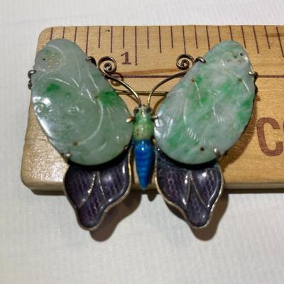 Vintage/Antique Scarce Silver Enameled Curved Jade/Jadeite Butterfly Brooch/Pin 2" Wide x 1-5/8" Tall in VG Preowned Condition.