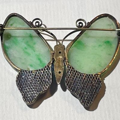 Vintage/Antique Scarce Silver Enameled Curved Jade/Jadeite Butterfly Brooch/Pin 2" Wide x 1-5/8" Tall in VG Preowned Condition.