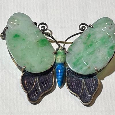 Vintage/Antique Scarce Silver Enameled Curved Jade/Jadeite Butterfly Brooch/Pin 2" Wide x 1-5/8" Tall in VG Preowned Condition.