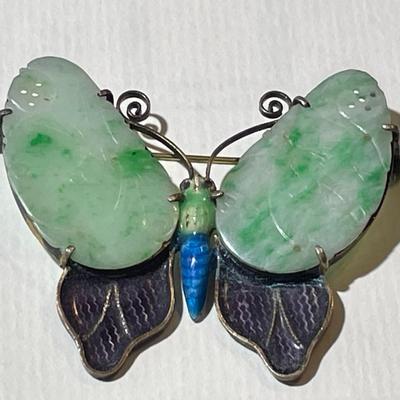 Vintage/Antique Scarce Silver Enameled Curved Jade/Jadeite Butterfly Brooch/Pin 2" Wide x 1-5/8" Tall in VG Preowned Condition.