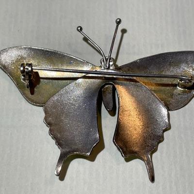 Vintage/Antique Sterling Silver Enameled Butterfly Pin 2.25" Wide in VG Preowned Condition.