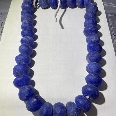 Vintage 29" African Krobo Recycled Glass Blue Donut Beads 1" Wide on a Leather Cord as Pictured. Very Heavy Beads.