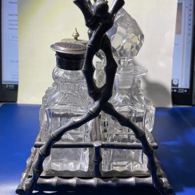 Scarce Victorian Era Dated 1887 Walker & Hall Sheffield England Silver Plated Leaded Glass Cruet Set of 6 w/Carrier 7.5" Tall...