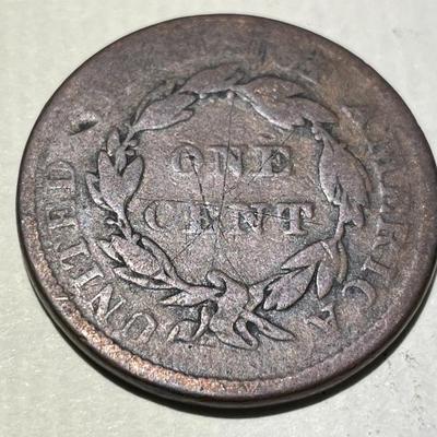 1836 CIRCULATED CONDITION SCRATCHED CORONET VARIETY LARGE CENT AS PICTURED.