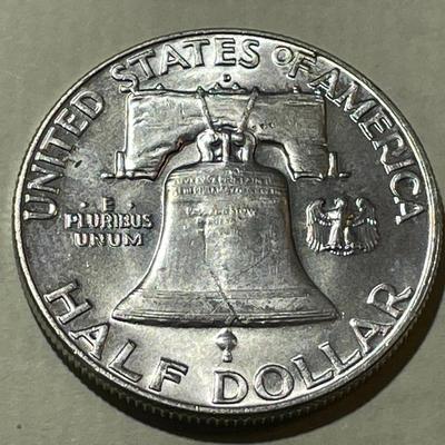 1963-P UNC. FULL BELL LINES FRANKLIN SILVER HALF DOLLAR AS PICTURED.