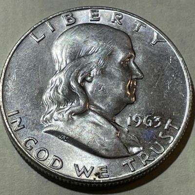 1963-P UNC. FULL BELL LINES FRANKLIN SILVER HALF DOLLAR AS PICTURED.