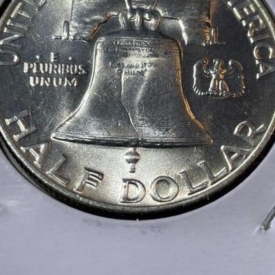 1959-D BU FULL BELL LINES FRANKLIN SILVER HALF DOLLAR AS PICTURED.