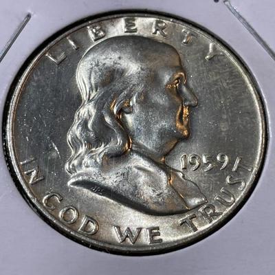 1959-D BU FULL BELL LINES FRANKLIN SILVER HALF DOLLAR AS PICTURED.