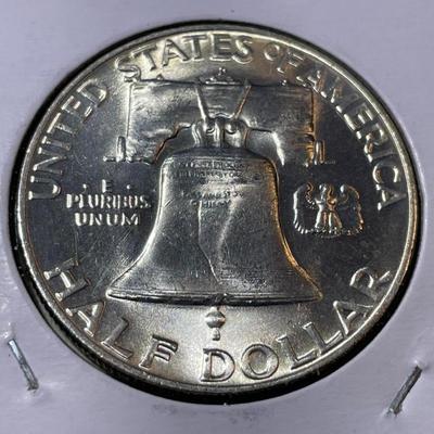 1959-D BU FULL BELL LINES FRANKLIN SILVER HALF DOLLAR AS PICTURED.