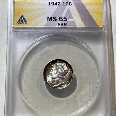 ANACS CERTIFIED 1942-P MS65 FULL SPLIT BANDS MERCURY DIME w/GOLDEN RIM TONNING AS PICTURED.