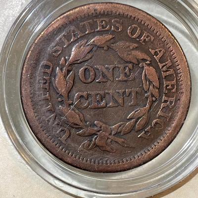1851 CIRCULATED CONDITION US BRAIDED HAIR LARGE CENT BY AMERICAN HISTORIC SOCIETY HOLDER.