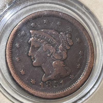 1851 CIRCULATED CONDITION US BRAIDED HAIR LARGE CENT BY AMERICAN HISTORIC SOCIETY HOLDER.