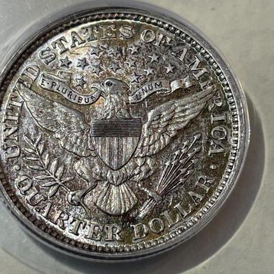 1892 AU58/UNCIRCULATED GORGEOUS TONED FIRST YEAR TYPE BARBER SILVER QUARTER AS PICTURED.