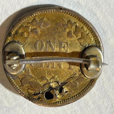 ANTIQUE CIVIL WAR/WWI ERA 1858 FLYING EAGLE CENT LAPEL PIN w/REAL RUBY STONE MOUNTED AS PICTURED.