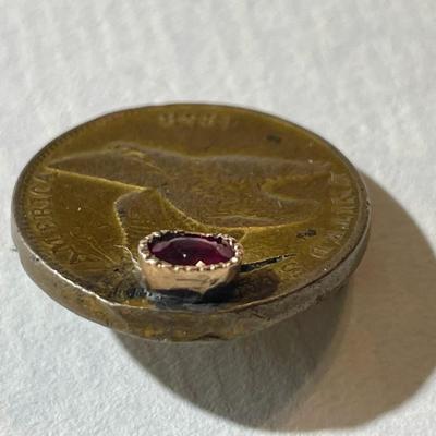 ANTIQUE CIVIL WAR/WWI ERA 1858 FLYING EAGLE CENT LAPEL PIN w/REAL RUBY STONE MOUNTED AS PICTURED.