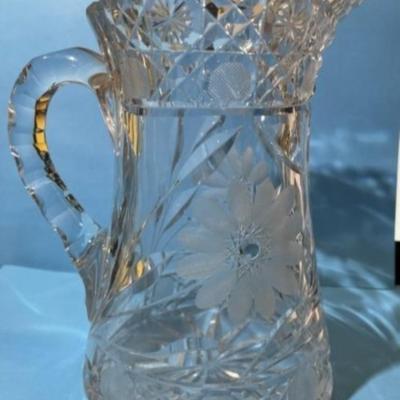 Vintage 20th Century Etched Glass Crystal PITCHER Approx 7" Tall in Good Preowned Condition.