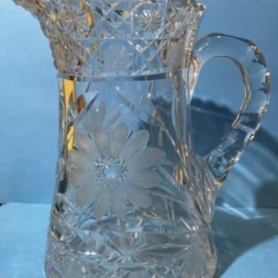 Vintage 20th Century Etched Glass Crystal PITCHER Approx 7" Tall in Good Preowned Condition.