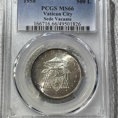 SCARCE PCGS CERTIFIED VATICAN CITY 1958 MS66 SEDE VACANTE 500 LIRE SILVER COMMEMORATIVE COIN.