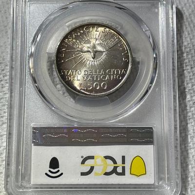 SCARCE PCGS CERTIFIED VATICAN CITY 1958 MS66 SEDE VACANTE 500 LIRE SILVER COMMEMORATIVE COIN.