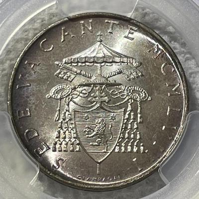 SCARCE PCGS CERTIFIED VATICAN CITY 1958 MS66 SEDE VACANTE 500 LIRE SILVER COMMEMORATIVE COIN.