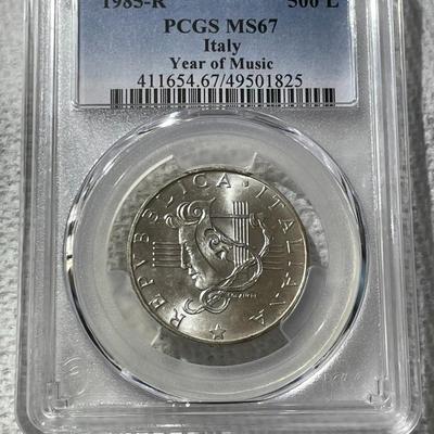 PCGS CERTIFIED ITALY 1985-R MS67 YEAR OF MUSIC 500 LIRE SILVER COMMEMORATIVE COIN.