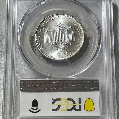 PCGS CERTIFIED ITALY 1985-R MS67 YEAR OF MUSIC 500 LIRE SILVER COMMEMORATIVE COIN.