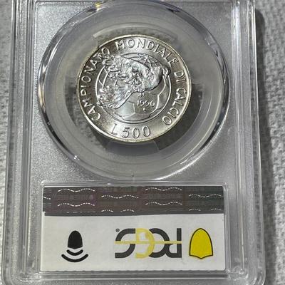 PCGS CERTIFIED ITALY 1990-R MS65 WORLD CUP KM-136 500 LIRE SILVER COMMEMORATIVE COIN.