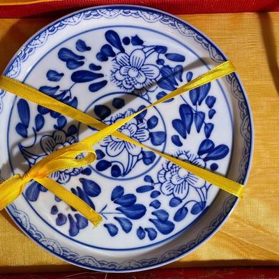 Vintage 9 Piece Chinese Miniature Porcelain Tea Set in Original Brocade Red Box as Pictured.