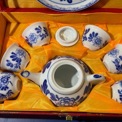 Vintage 9 Piece Chinese Miniature Porcelain Tea Set in Original Brocade Red Box as Pictured.