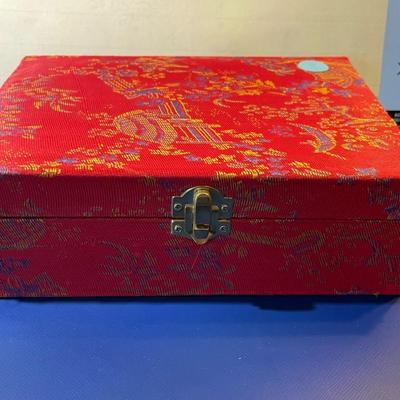 Vintage 9 Piece Chinese Miniature Porcelain Tea Set in Original Brocade Red Box as Pictured.
