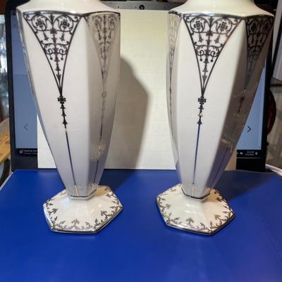Vintage Scarce Pair of Lenox 9" Centennial Vases w/Sterling Silver Overlay Only 250 Total Pieces Made in the USA in VG Condition.